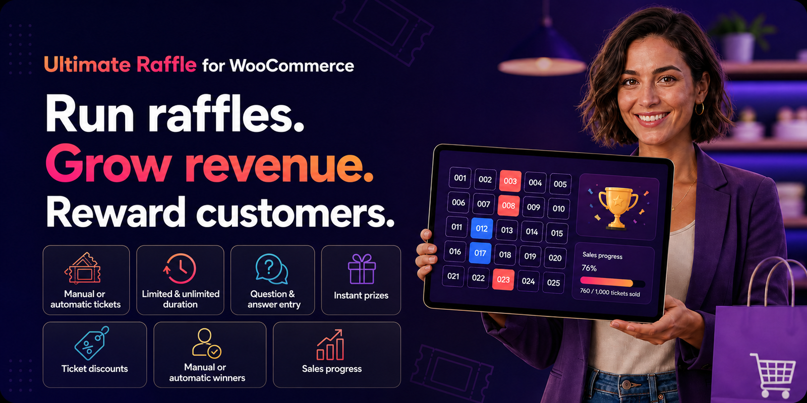 Ultimate Raffle for WooCommerce: manual or automatic tickets, limited or unlimited duration, question and answer entry, instant prizes, ticket discounts, manual or automatic winners, and sales progress