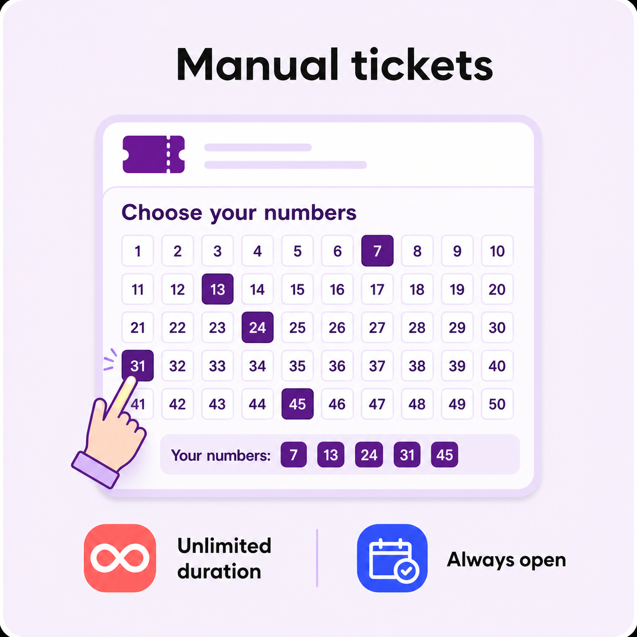 Manual raffle ticket selection with an unlimited duration